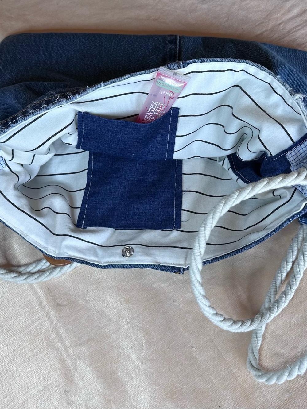 Denim Blue Handbag with Ruffle and Rope Handle - Picture 3 of 3